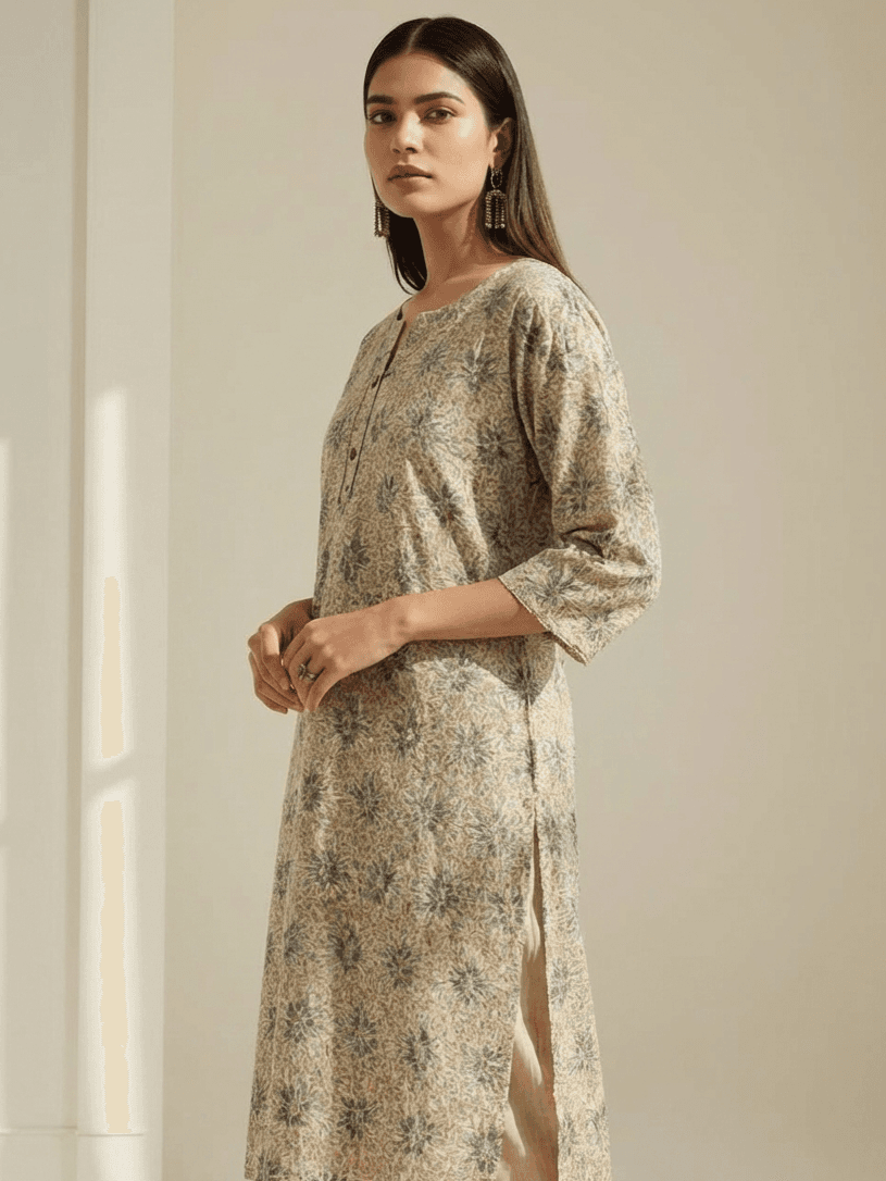 Cotton Block Print Detailed Kurtha